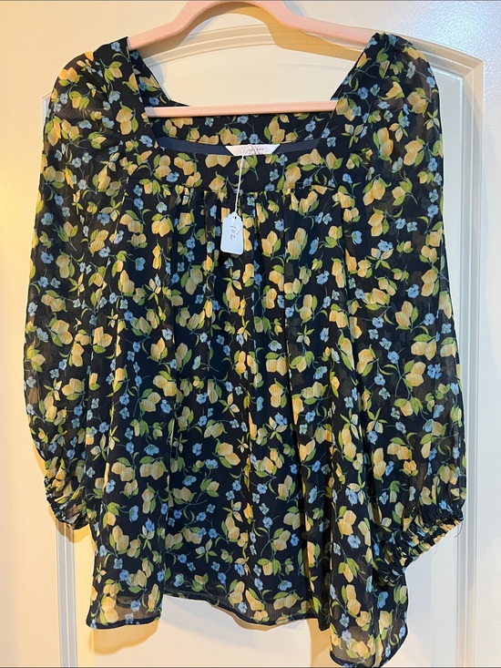 LC Lauren Conrad Tops - LC Lauren Conrad Black Floral Peasant Blouse with Yellow and Light Blue Flowers